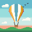 Pixel art: a striped hot-air balloon in the clouds