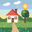 Pixel art: a cottage and an apple tree