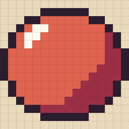 Pixel art: a red ball shaded with light from the top left, on a 16×16 grid