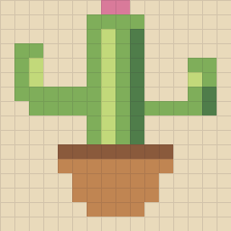 Pixel art: a green cactus with a pink flower in a clay pot on a 16×16 grid