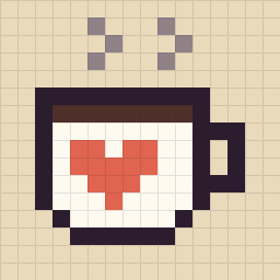 Pixel art: a white coffee mug with a red heart and steam on a 16×16 grid