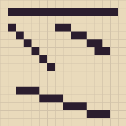 Pixel art lines: a straight line, a 1:1 diagonal, a 2:1 line and a 3:1 line on a 16×16 grid