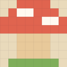 Pixel art: a red mushroom with white spots on an 8×8 grid