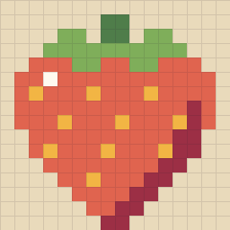 Pixel art: a red strawberry with yellow seeds and green leaves on a 16×16 grid
