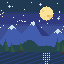 Pixel art: snowy mountains under the moon
